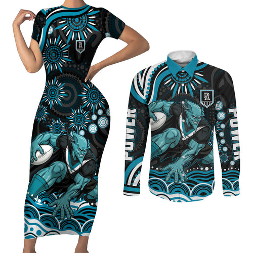 Personalized Port Adelaide Power Rugby Couples Matching Short Sleeve Bodycon Dress and Long Sleeve Button Shirt Aboriginal Dot Art - Dreamtime Football Mascot