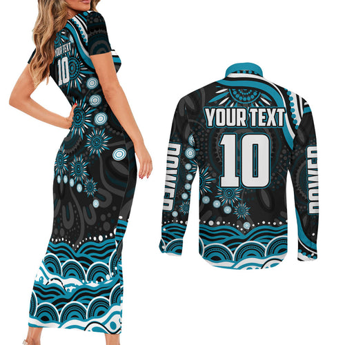 Personalized Port Adelaide Power Rugby Couples Matching Short Sleeve Bodycon Dress and Long Sleeve Button Shirt Aboriginal Dot Art - Dreamtime Football Mascot