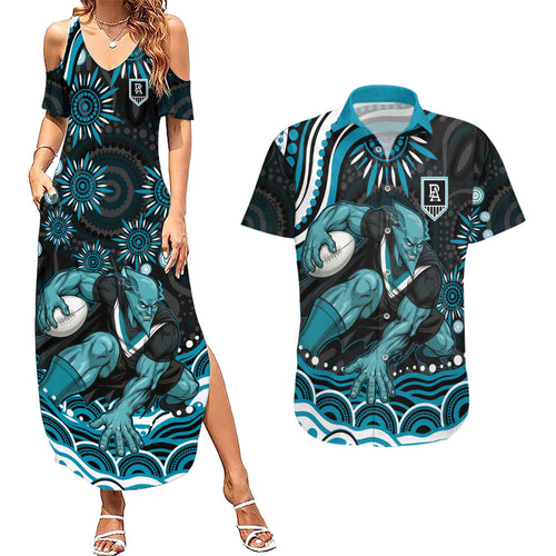 Personalized Port Adelaide Power Rugby Couples Matching Summer Maxi Dress and Hawaiian Shirt Aboriginal Dot Art - Dreamtime Football Mascot