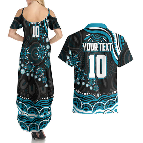 Personalized Port Adelaide Power Rugby Couples Matching Summer Maxi Dress and Hawaiian Shirt Aboriginal Dot Art - Dreamtime Football Mascot