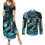 Personalized Port Adelaide Power Rugby Couples Matching Summer Maxi Dress and Long Sleeve Button Shirt Aboriginal Dot Art - Dreamtime Football Mascot