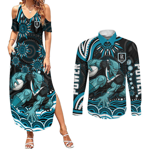 Personalized Port Adelaide Power Rugby Couples Matching Summer Maxi Dress and Long Sleeve Button Shirt Aboriginal Dot Art - Dreamtime Football Mascot