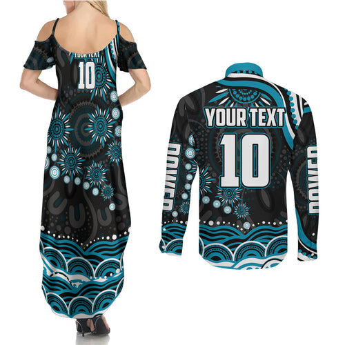 Personalized Port Adelaide Power Rugby Couples Matching Summer Maxi Dress and Long Sleeve Button Shirt Aboriginal Dot Art - Dreamtime Football Mascot