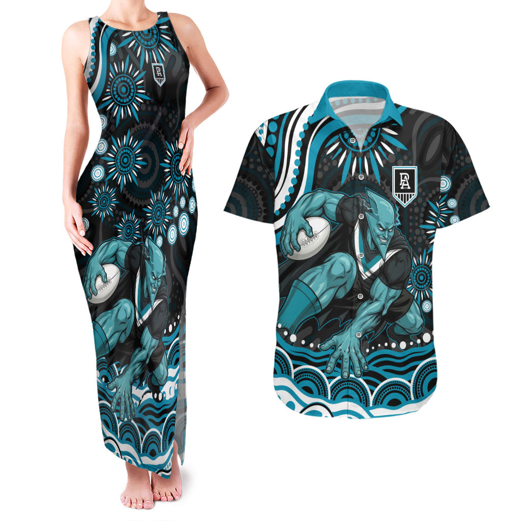 Personalized Port Adelaide Power Rugby Couples Matching Tank Maxi Dress and Hawaiian Shirt Aboriginal Dot Art - Dreamtime Football Mascot