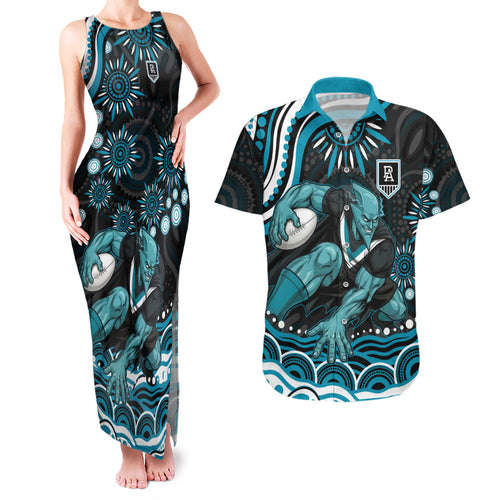 Personalized Port Adelaide Power Rugby Couples Matching Tank Maxi Dress and Hawaiian Shirt Aboriginal Dot Art - Dreamtime Football Mascot