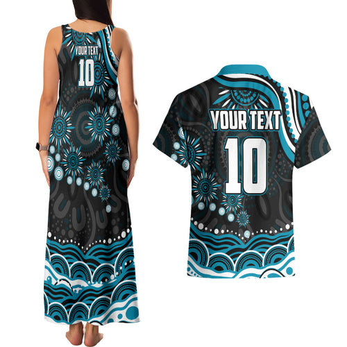 Personalized Port Adelaide Power Rugby Couples Matching Tank Maxi Dress and Hawaiian Shirt Aboriginal Dot Art - Dreamtime Football Mascot