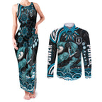 Personalized Port Adelaide Power Rugby Couples Matching Tank Maxi Dress and Long Sleeve Button Shirt Aboriginal Dot Art - Dreamtime Football Mascot