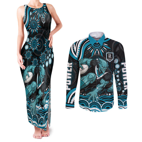 Personalized Port Adelaide Power Rugby Couples Matching Tank Maxi Dress and Long Sleeve Button Shirt Aboriginal Dot Art - Dreamtime Football Mascot