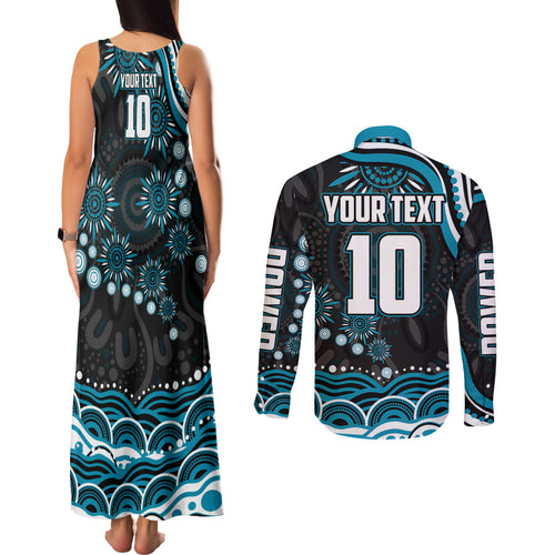 Personalized Port Adelaide Power Rugby Couples Matching Tank Maxi Dress and Long Sleeve Button Shirt Aboriginal Dot Art - Dreamtime Football Mascot