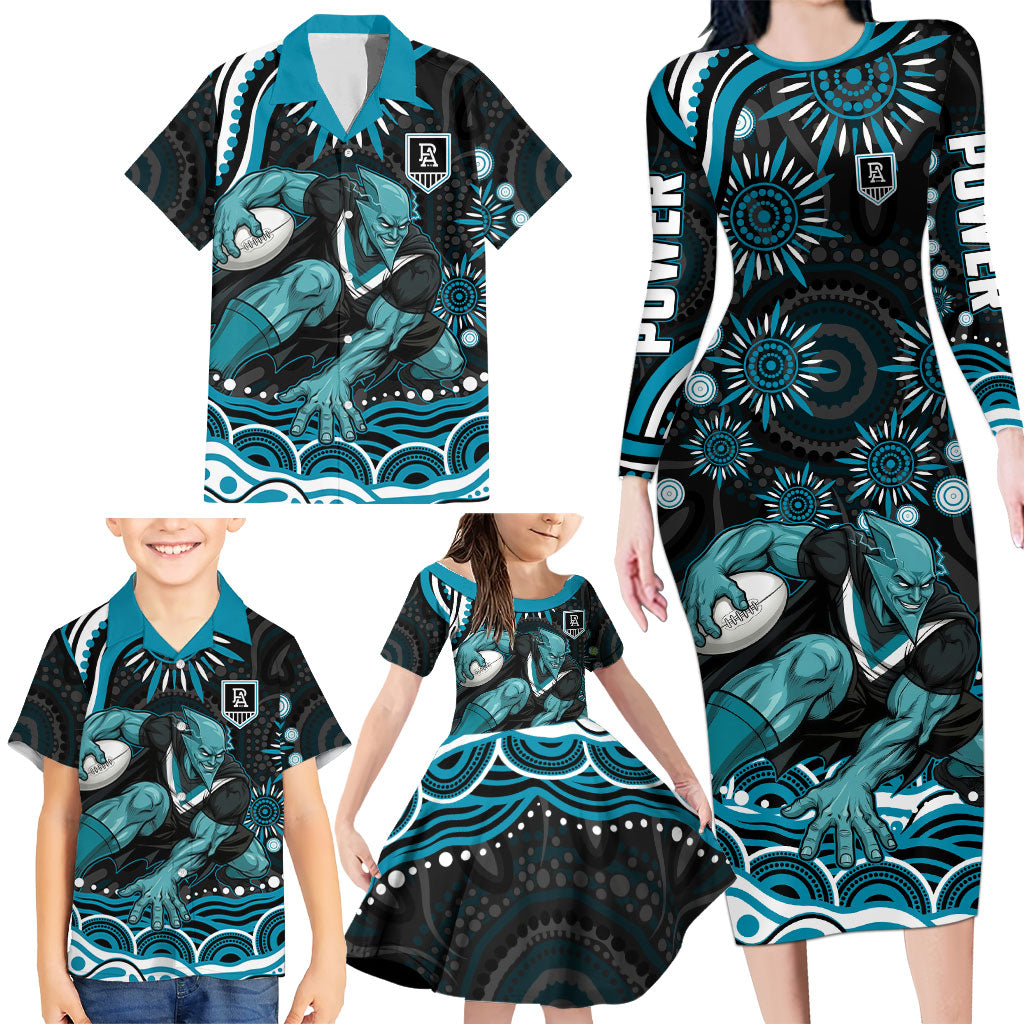 Personalized Port Adelaide Power Rugby Family Matching Long Sleeve Bodycon Dress and Hawaiian Shirt Aboriginal Dot Art - Dreamtime Football Mascot