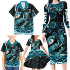 Personalized Port Adelaide Power Rugby Family Matching Long Sleeve Bodycon Dress and Hawaiian Shirt Aboriginal Dot Art - Dreamtime Football Mascot