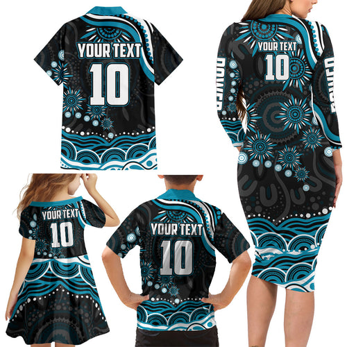 Personalized Port Adelaide Power Rugby Family Matching Long Sleeve Bodycon Dress and Hawaiian Shirt Aboriginal Dot Art - Dreamtime Football Mascot
