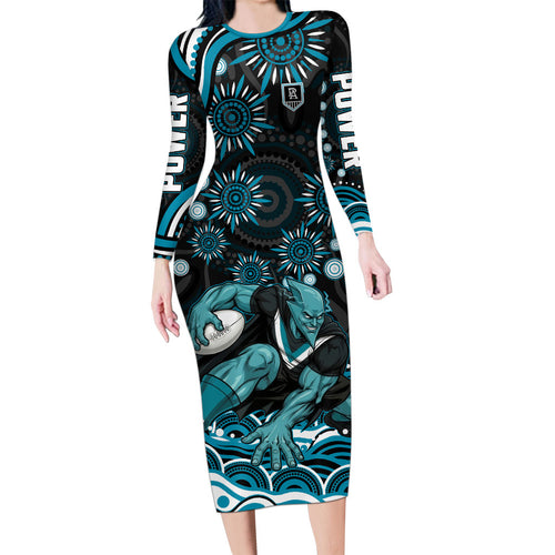 Personalized Port Adelaide Power Rugby Family Matching Long Sleeve Bodycon Dress and Hawaiian Shirt Aboriginal Dot Art - Dreamtime Football Mascot