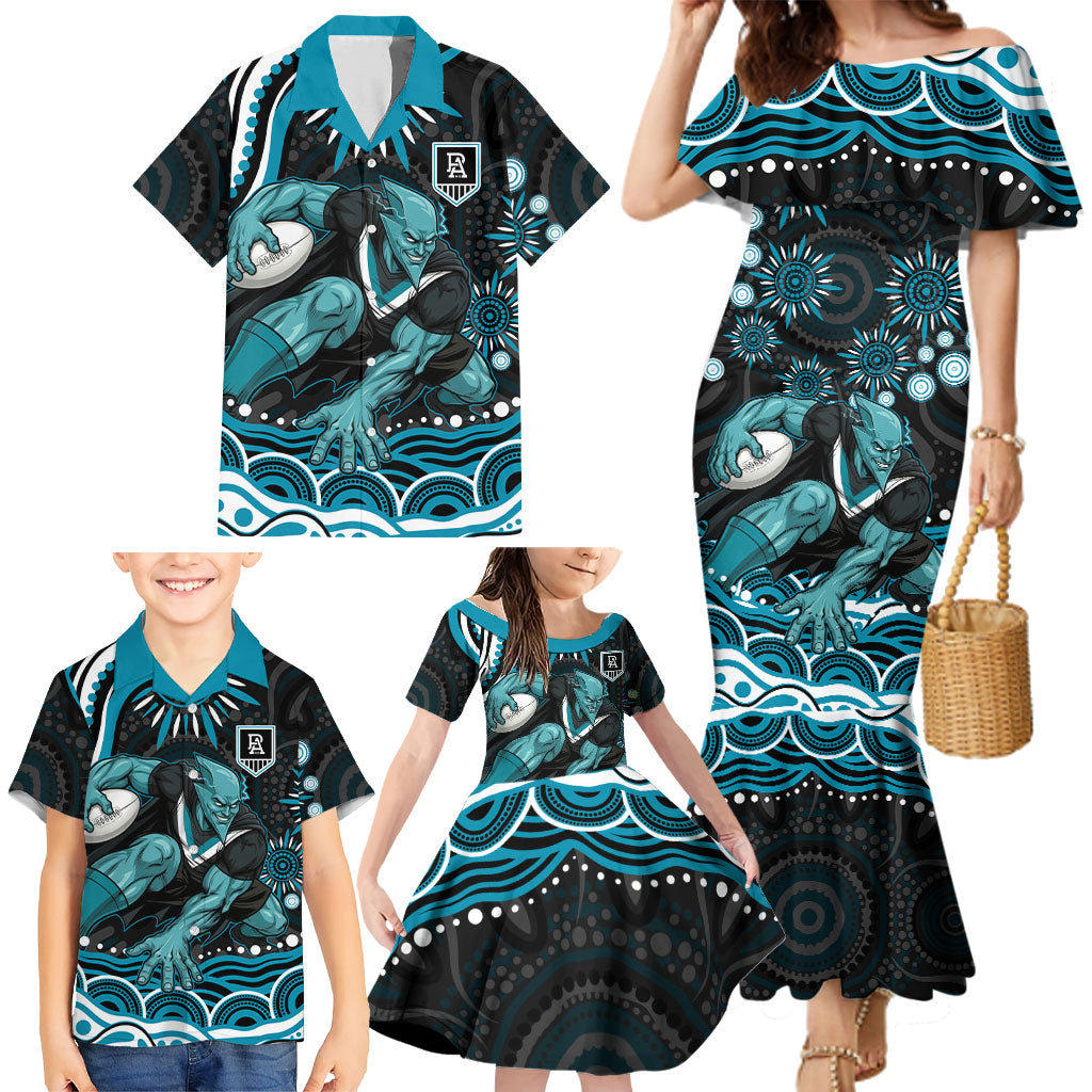 Personalized Port Adelaide Power Rugby Family Matching Mermaid Dress and Hawaiian Shirt Aboriginal Dot Art - Dreamtime Football Mascot