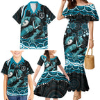 Personalized Port Adelaide Power Rugby Family Matching Mermaid Dress and Hawaiian Shirt Aboriginal Dot Art - Dreamtime Football Mascot
