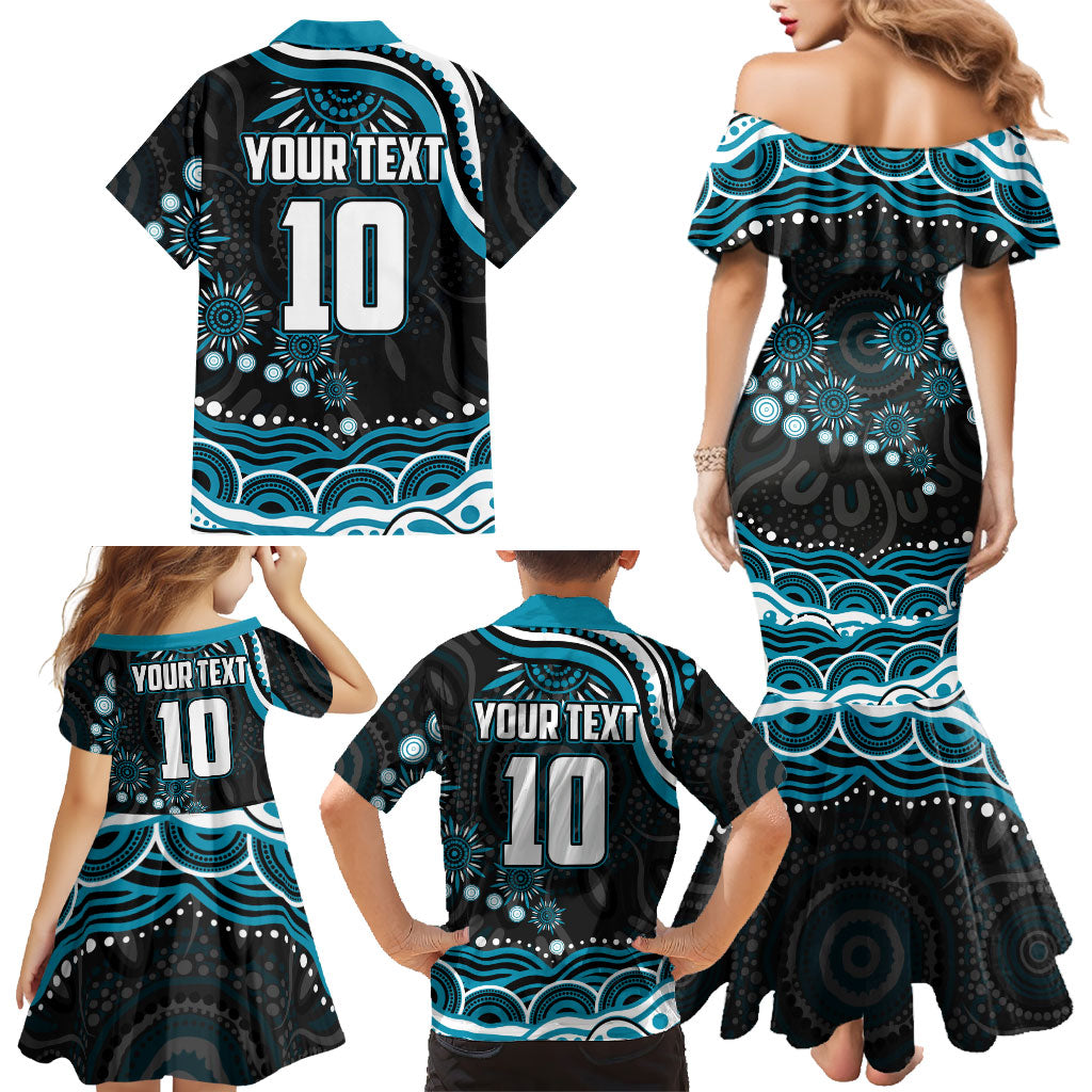 Personalized Port Adelaide Power Rugby Family Matching Mermaid Dress and Hawaiian Shirt Aboriginal Dot Art - Dreamtime Football Mascot