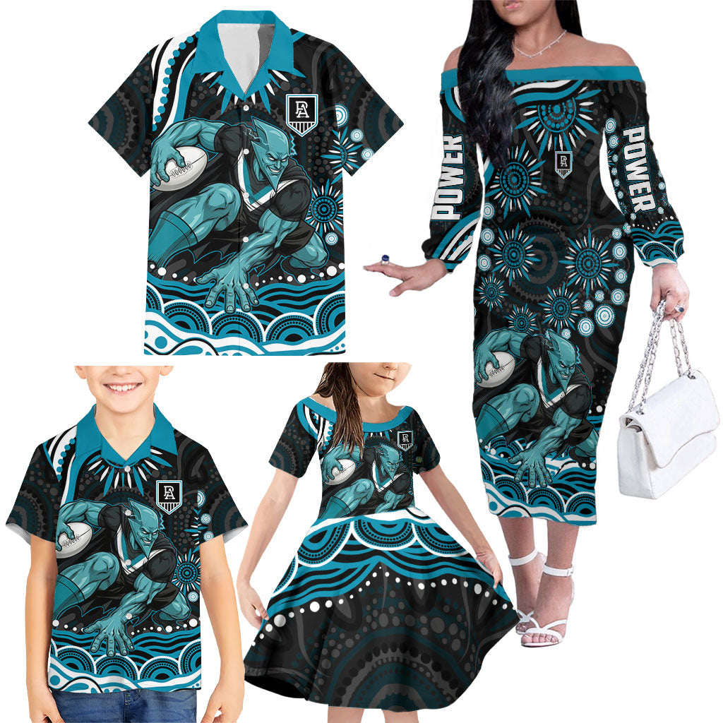 Personalized Port Adelaide Power Rugby Family Matching Off The Shoulder Long Sleeve Dress and Hawaiian Shirt Aboriginal Dot Art - Dreamtime Football Mascot