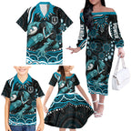 Personalized Port Adelaide Power Rugby Family Matching Off The Shoulder Long Sleeve Dress and Hawaiian Shirt Aboriginal Dot Art - Dreamtime Football Mascot