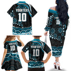 Personalized Port Adelaide Power Rugby Family Matching Off The Shoulder Long Sleeve Dress and Hawaiian Shirt Aboriginal Dot Art - Dreamtime Football Mascot