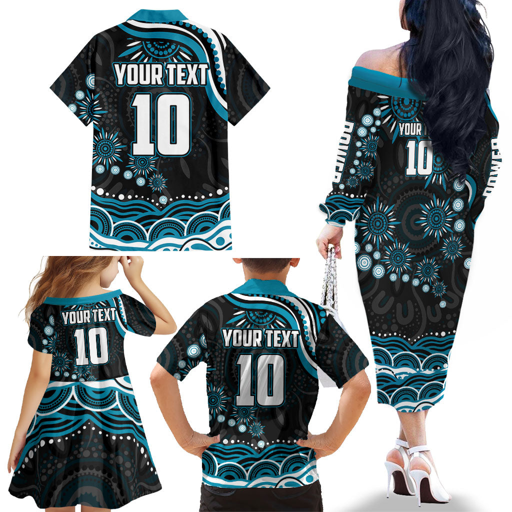 Personalized Port Adelaide Power Rugby Family Matching Off The Shoulder Long Sleeve Dress and Hawaiian Shirt Aboriginal Dot Art - Dreamtime Football Mascot