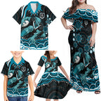 Personalized Port Adelaide Power Rugby Family Matching Off Shoulder Maxi Dress and Hawaiian Shirt Aboriginal Dot Art - Dreamtime Football Mascot
