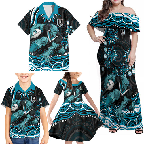 Personalized Port Adelaide Power Rugby Family Matching Off Shoulder Maxi Dress and Hawaiian Shirt Aboriginal Dot Art - Dreamtime Football Mascot