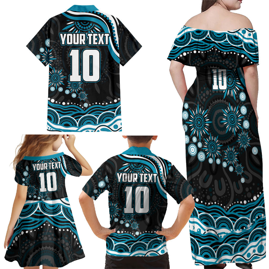 Personalized Port Adelaide Power Rugby Family Matching Off Shoulder Maxi Dress and Hawaiian Shirt Aboriginal Dot Art - Dreamtime Football Mascot