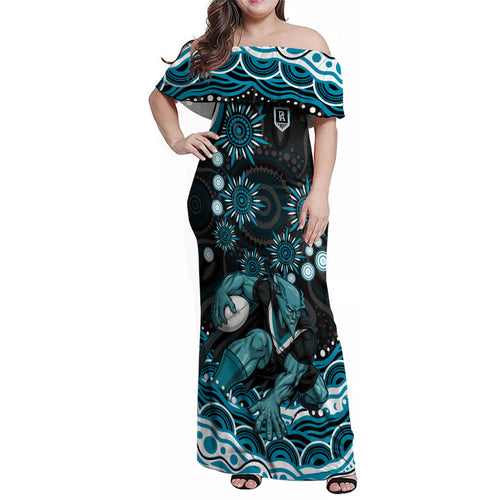 Personalized Port Adelaide Power Rugby Family Matching Off Shoulder Maxi Dress and Hawaiian Shirt Aboriginal Dot Art - Dreamtime Football Mascot