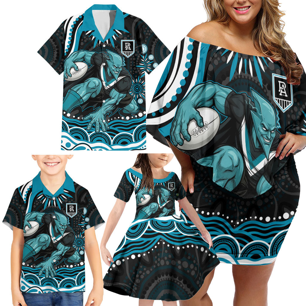 Personalized Port Adelaide Power Rugby Family Matching Off Shoulder Short Dress and Hawaiian Shirt Aboriginal Dot Art - Dreamtime Football Mascot