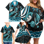Personalized Port Adelaide Power Rugby Family Matching Off Shoulder Short Dress and Hawaiian Shirt Aboriginal Dot Art - Dreamtime Football Mascot