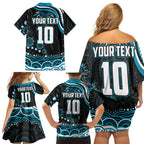 Personalized Port Adelaide Power Rugby Family Matching Off Shoulder Short Dress and Hawaiian Shirt Aboriginal Dot Art - Dreamtime Football Mascot