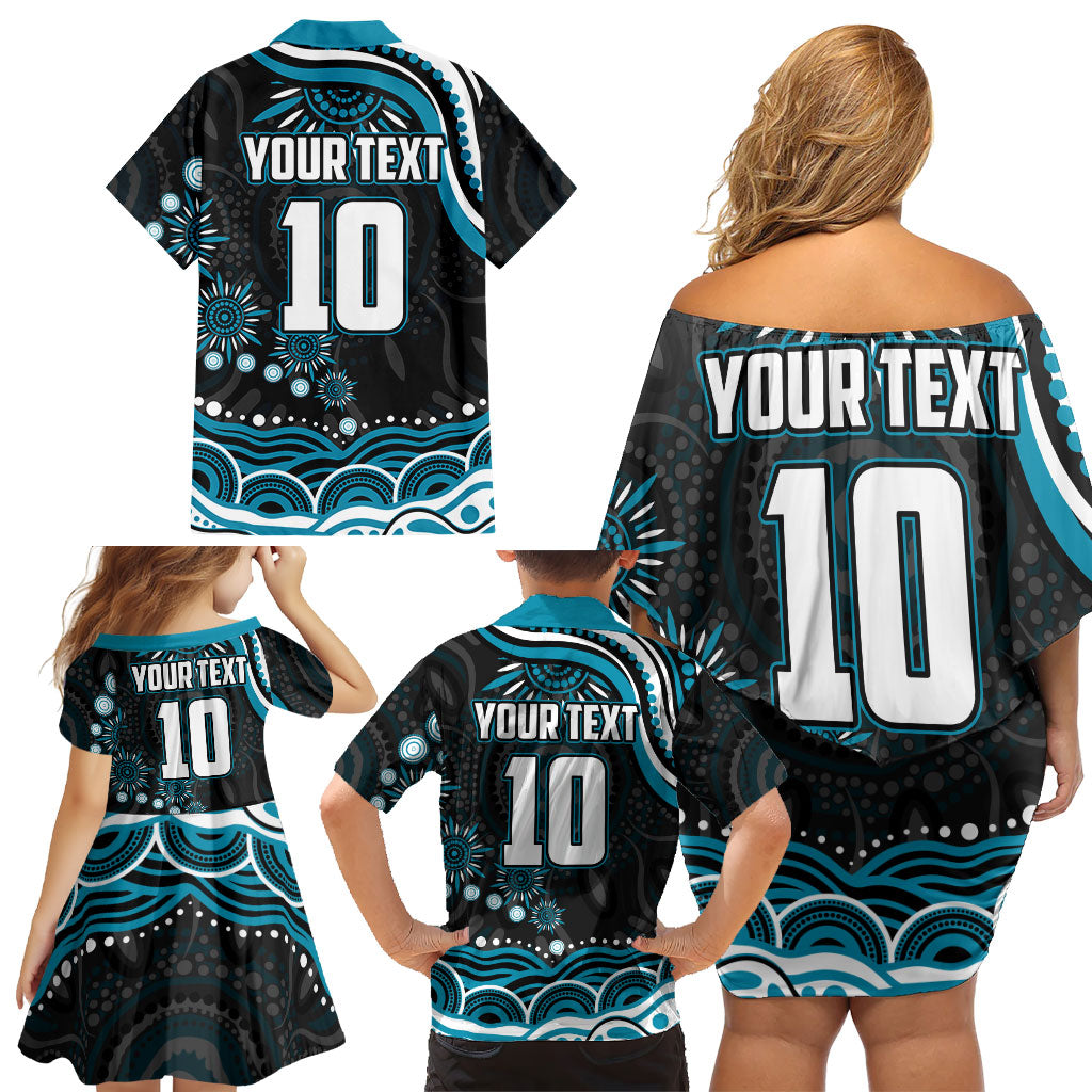 Personalized Port Adelaide Power Rugby Family Matching Off Shoulder Short Dress and Hawaiian Shirt Aboriginal Dot Art - Dreamtime Football Mascot