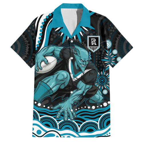 Personalized Port Adelaide Power Rugby Family Matching Off Shoulder Short Dress and Hawaiian Shirt Aboriginal Dot Art - Dreamtime Football Mascot
