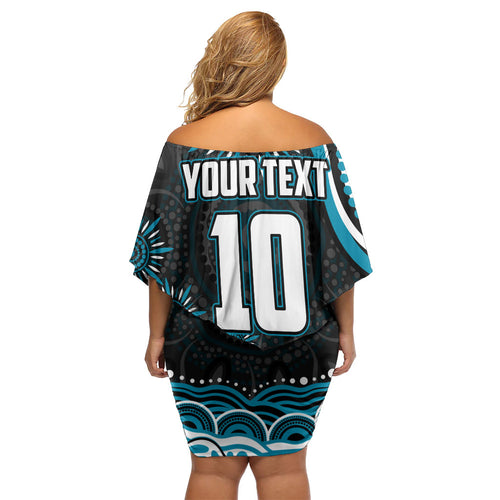 Personalized Port Adelaide Power Rugby Family Matching Off Shoulder Short Dress and Hawaiian Shirt Aboriginal Dot Art - Dreamtime Football Mascot