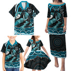Personalized Port Adelaide Power Rugby Family Matching Puletasi and Hawaiian Shirt Aboriginal Dot Art - Dreamtime Football Mascot