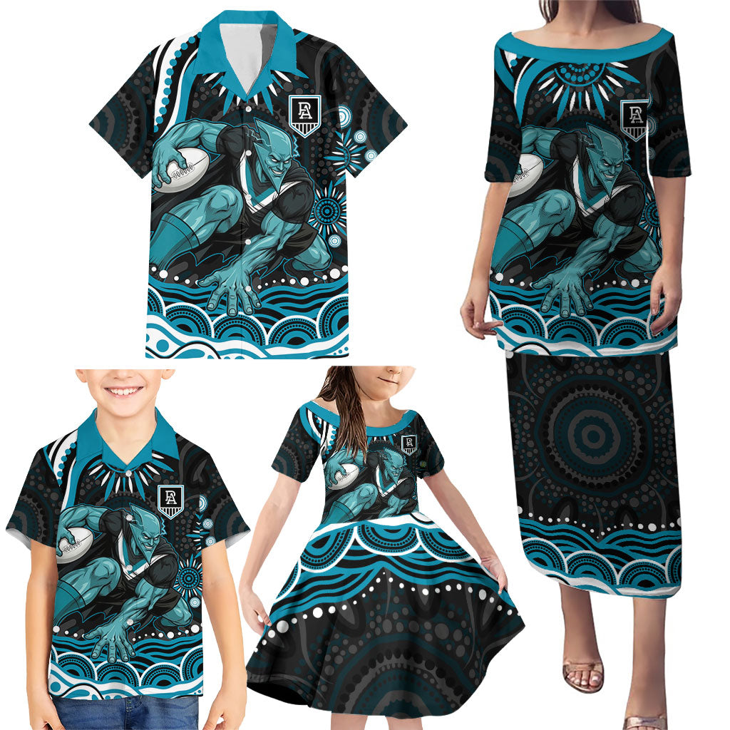 Personalized Port Adelaide Power Rugby Family Matching Puletasi and Hawaiian Shirt Aboriginal Dot Art - Dreamtime Football Mascot
