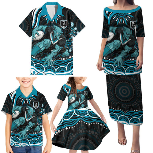 Personalized Port Adelaide Power Rugby Family Matching Puletasi and Hawaiian Shirt Aboriginal Dot Art - Dreamtime Football Mascot