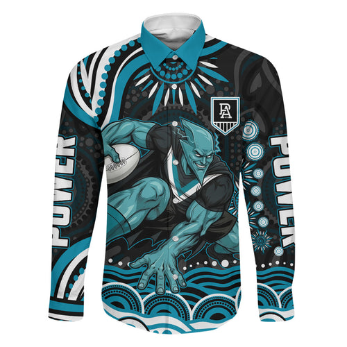 Personalized Port Adelaide Power Rugby Family Matching Puletasi and Hawaiian Shirt Aboriginal Dot Art - Dreamtime Football Mascot