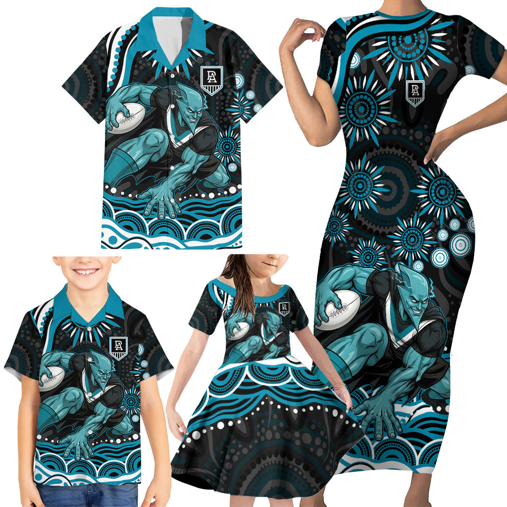 Personalized Port Adelaide Power Rugby Family Matching Short Sleeve Bodycon Dress and Hawaiian Shirt Aboriginal Dot Art - Dreamtime Football Mascot