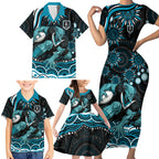 Personalized Port Adelaide Power Rugby Family Matching Short Sleeve Bodycon Dress and Hawaiian Shirt Aboriginal Dot Art - Dreamtime Football Mascot