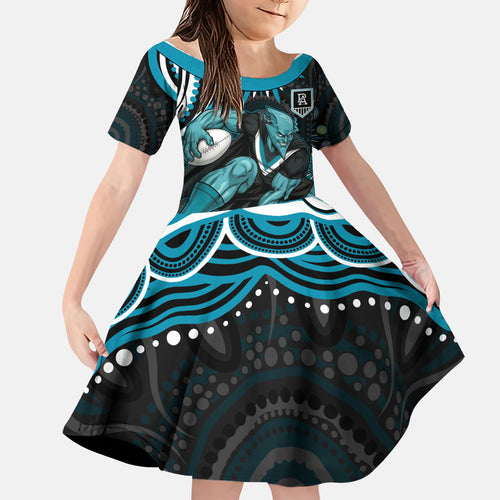 Personalized Port Adelaide Power Rugby Family Matching Short Sleeve Bodycon Dress and Hawaiian Shirt Aboriginal Dot Art - Dreamtime Football Mascot