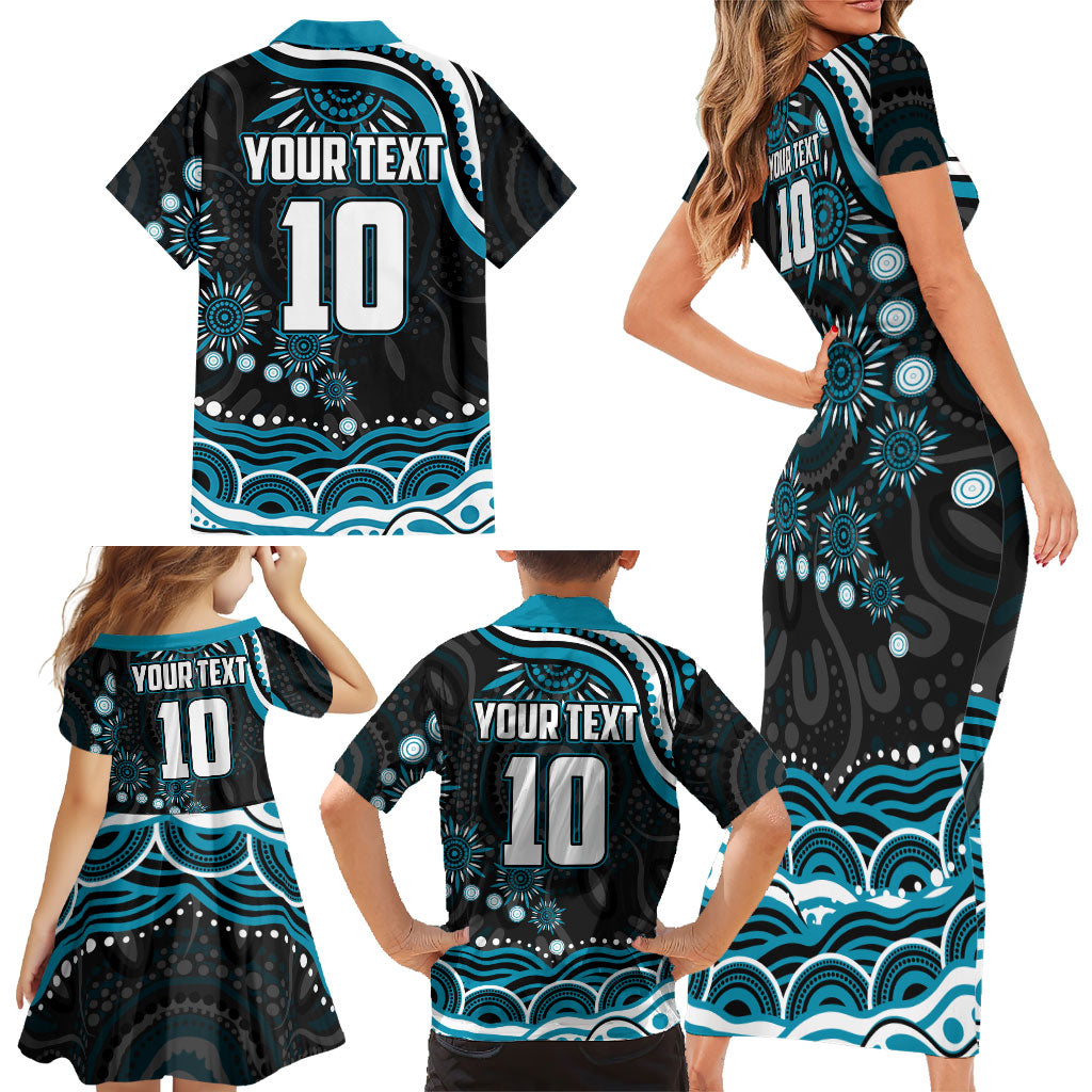 Personalized Port Adelaide Power Rugby Family Matching Short Sleeve Bodycon Dress and Hawaiian Shirt Aboriginal Dot Art - Dreamtime Football Mascot