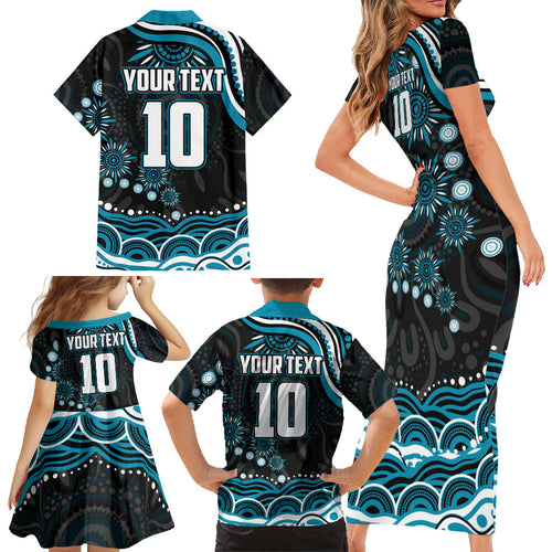 Personalized Port Adelaide Power Rugby Family Matching Short Sleeve Bodycon Dress and Hawaiian Shirt Aboriginal Dot Art - Dreamtime Football Mascot
