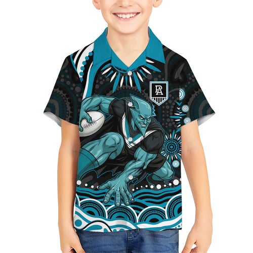 Personalized Port Adelaide Power Rugby Family Matching Short Sleeve Bodycon Dress and Hawaiian Shirt Aboriginal Dot Art - Dreamtime Football Mascot