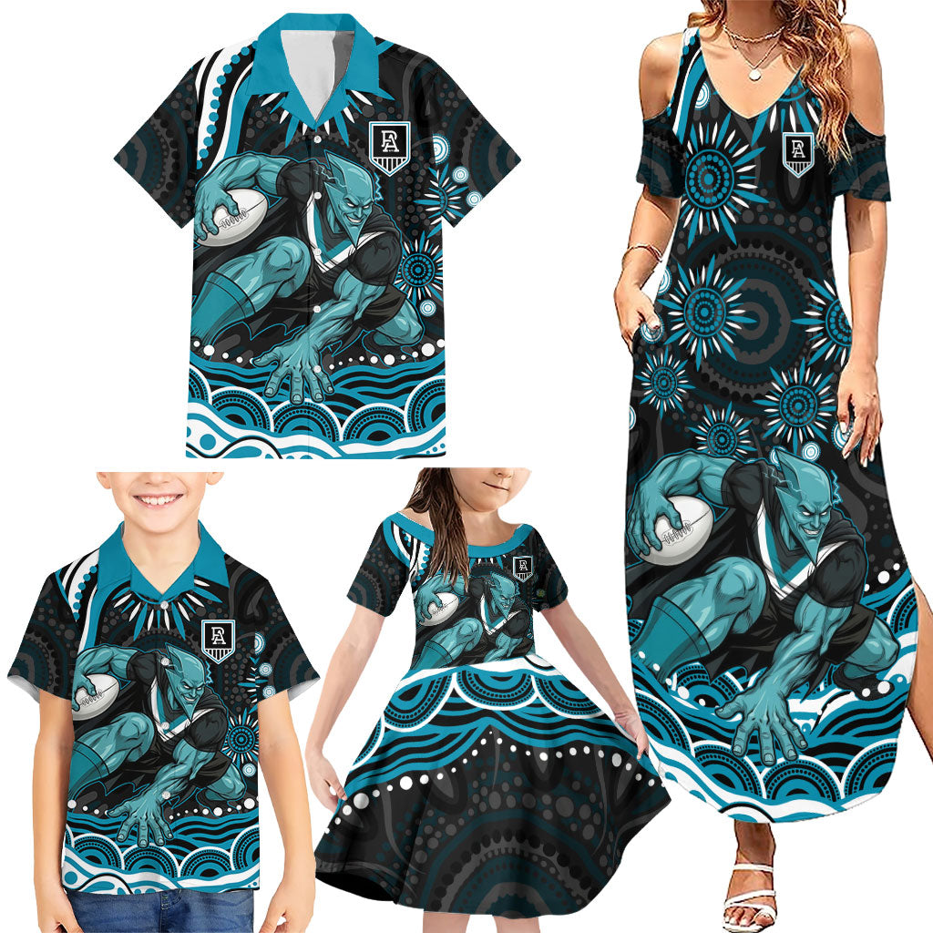 Personalized Port Adelaide Power Rugby Family Matching Summer Maxi Dress and Hawaiian Shirt Aboriginal Dot Art - Dreamtime Football Mascot