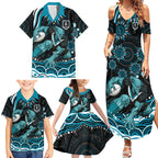 Personalized Port Adelaide Power Rugby Family Matching Summer Maxi Dress and Hawaiian Shirt Aboriginal Dot Art - Dreamtime Football Mascot