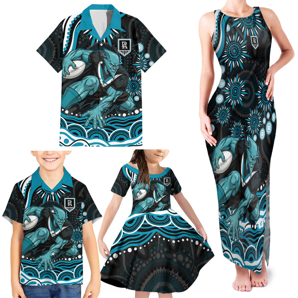 Personalized Port Adelaide Power Rugby Family Matching Tank Maxi Dress and Hawaiian Shirt Aboriginal Dot Art - Dreamtime Football Mascot