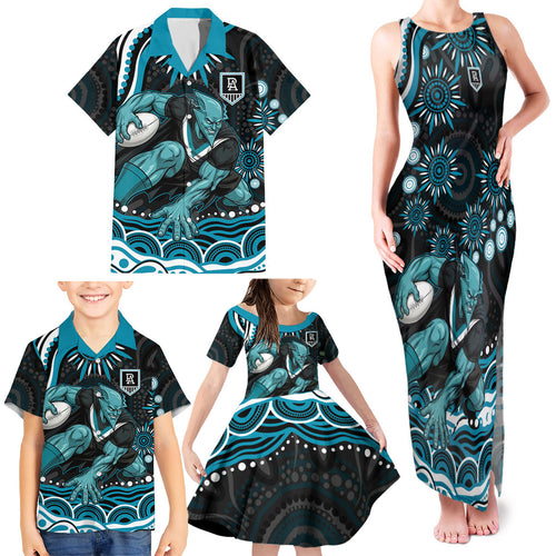 Personalized Port Adelaide Power Rugby Family Matching Tank Maxi Dress and Hawaiian Shirt Aboriginal Dot Art - Dreamtime Football Mascot