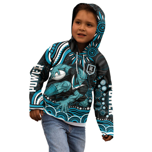 Personalized Port Adelaide Power Rugby Kid Hoodie Aboriginal Dot Art - Dreamtime Football Mascot