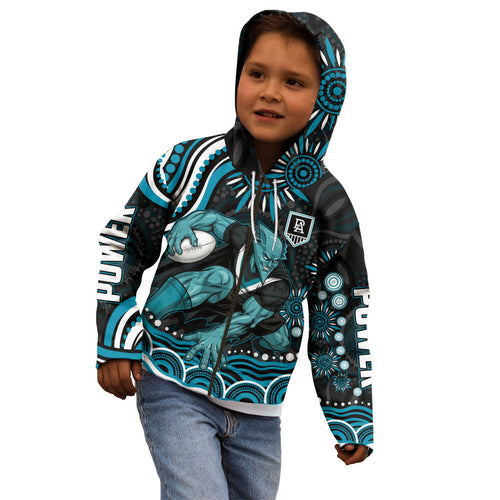 Personalized Port Adelaide Power Rugby Kid Hoodie Aboriginal Dot Art - Dreamtime Football Mascot